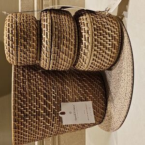 New Hearth & Hand Natural Woven Rattan Basket Trio With Lids & Woven Wastebasket